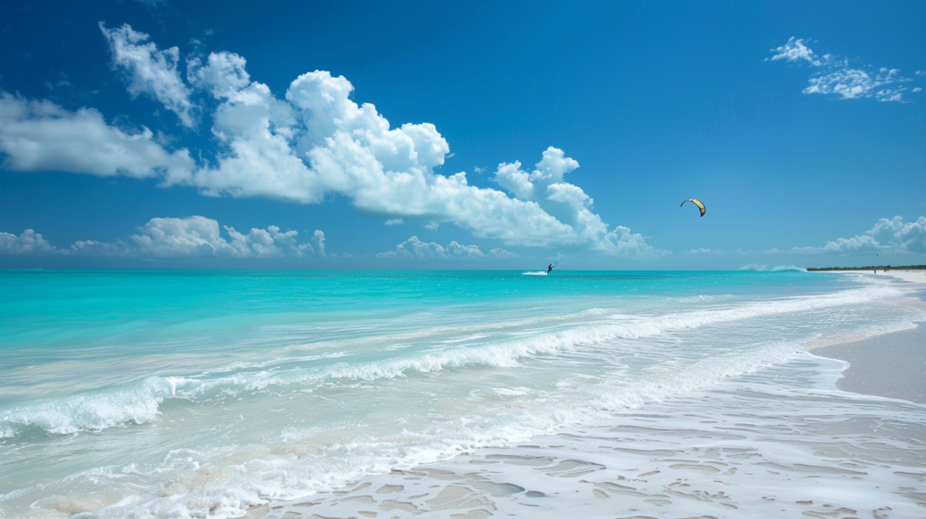 An action shot of a kiteboarder at Long Bay Beach in Turks and Caicos.