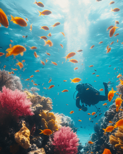 Diver explores vibrant coral reefs in the Maldives