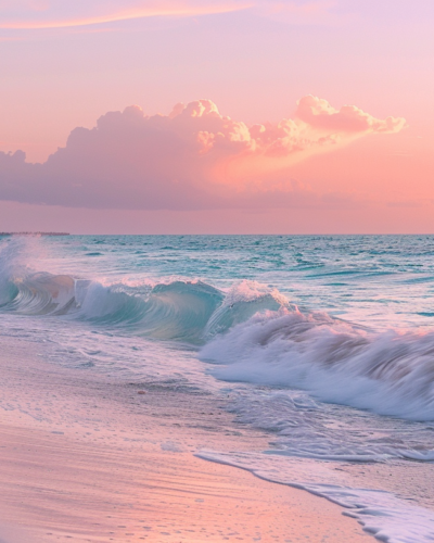 Sunrise at Grace Bay Beach with a soft pink sky and gentle waves.