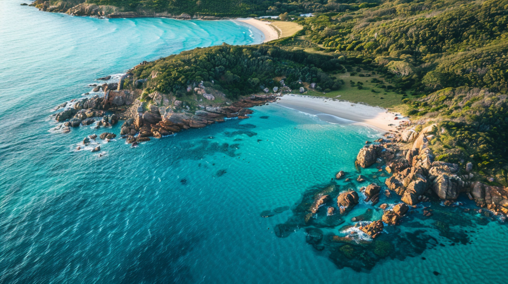 Aerial view of the secluded Malcolm's Road Beach with turquoise waters.