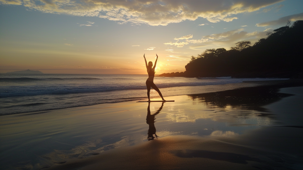 Silhouette of a person doing yoga at sunset on Long Bay Beach.