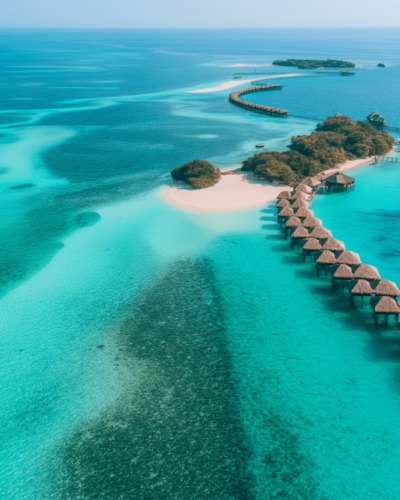 Overwater bungalows leading to a small island showcasing the beauty of beaches in the Maldives