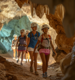 Visitors exploring the ancient limestone formations of Conch Bar Caves.