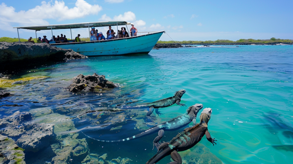 Tourists on a boat tour observing rock iguanas on Iguana Island.
