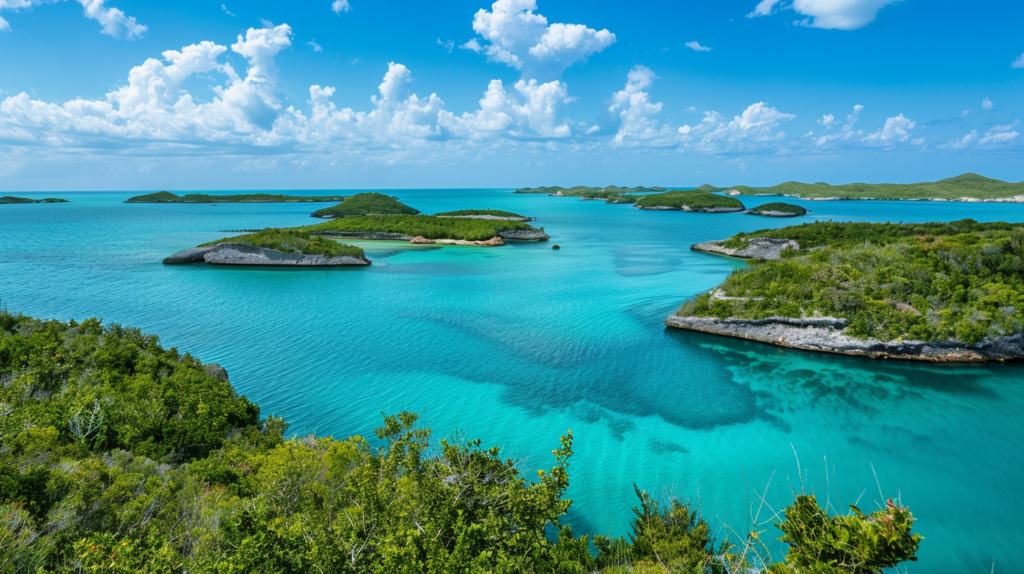 Panoramic view of the turquoise waters and limestone islets of Chalk Sound National Park.