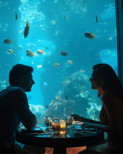 A couple dining at an underwater restaurant in the Maldives