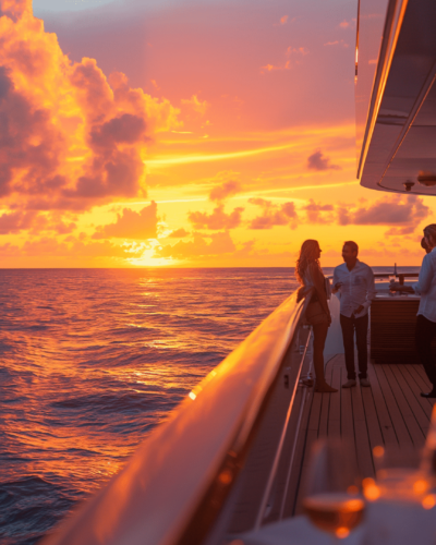 Friends enjoying a stunning sunset on a yacht showcasing luxury vacation rentals in the Maldives