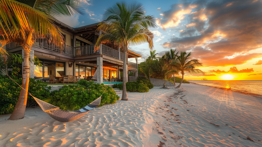 A secluded beach house with a hammock between palm trees at sunset in Turks and Caicos.