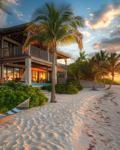 A secluded beach house with a hammock between palm trees at sunset in Turks and Caicos.