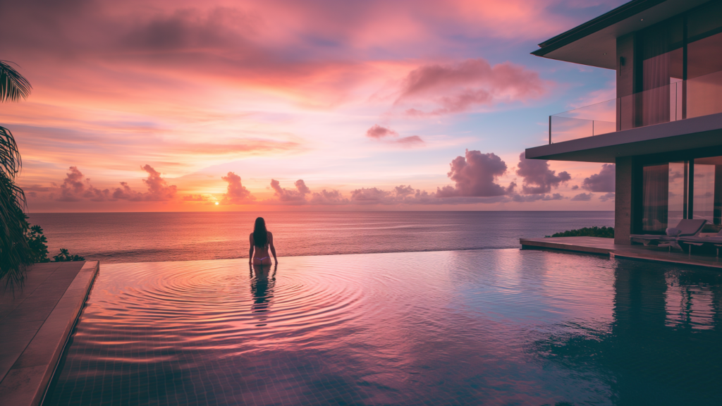 Vacation rental pool in Barbados during sunset.