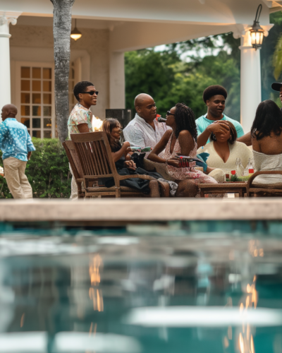 Intimate poolside family gathering in Barbados.