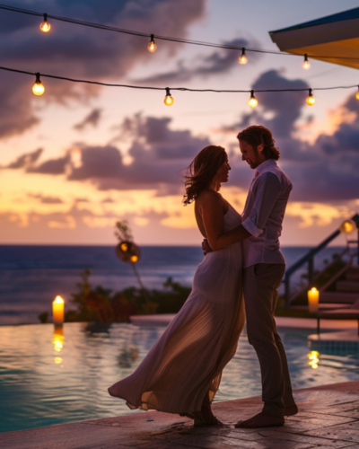 Couple dancing by the pool in Barbados