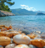 Close-up of pebbled texture and clear waters at a secluded Croatian beach with a distant yacht.