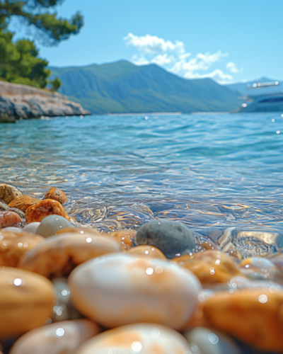 Close-up of pebbled texture and clear waters at a secluded Croatian beach with a distant yacht.