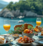 Luxurious breakfast setting on a balcony in Hvar, Croatia, with a view of azure waters and sophisticated table decor.