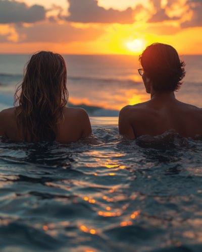 A couple relaxing in a private infinity pool at sunset overlooking the Adriatic Sea.