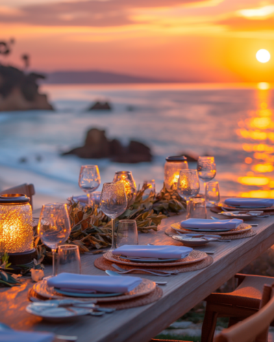 Exquisite dining setup on terrace overlooking Croatia's coastline.