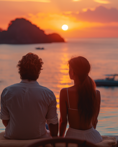 A couple enjoying a romantic sunset from their private villa in Croatia overlooking the sea.