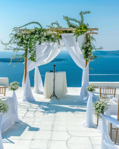 A wedding setup by the beach in Santorini