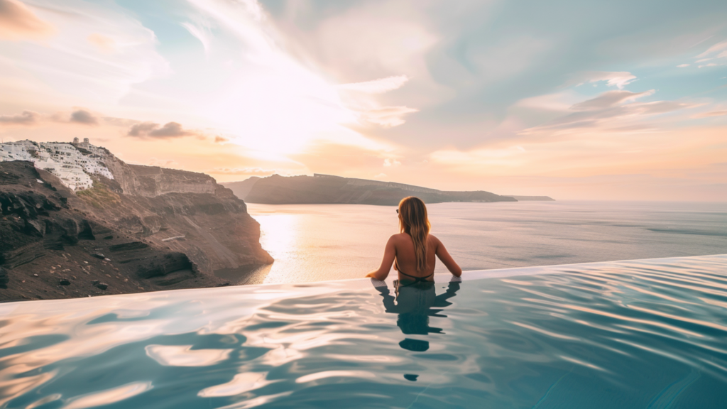 A woman swimming in an infinity pool in Santorini