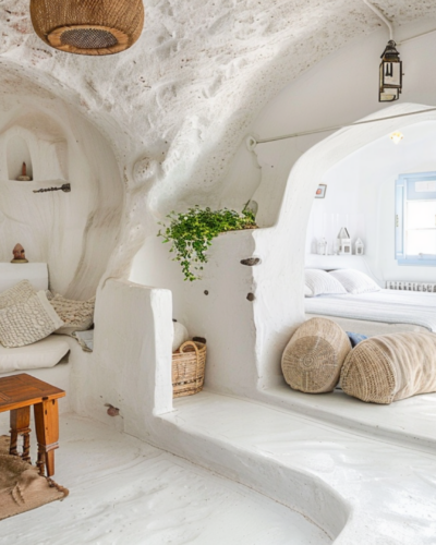 The interior of a cave house in Santorini
