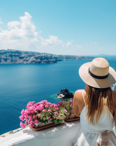 A woman staring at the sea in Santorini