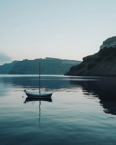 A boat in the caldera during off-season in Santorini