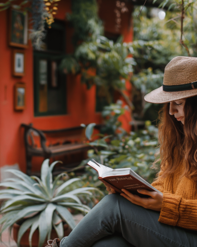 Woman reading quietly in a lush garden of a secluded vacation rental in Mexico City