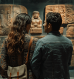 Couple explores ancient sculptures at a museum in Mexico City perfect for history enthusiasts