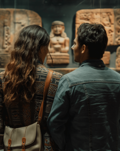 Couple explores ancient sculptures at a museum in Mexico City perfect for history enthusiasts