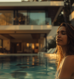 Woman enjoys sunset from a pool at a luxury vacation rental in Mexico City