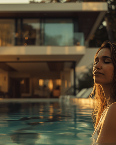 Woman enjoys sunset from a pool at a luxury vacation rental in Mexico City