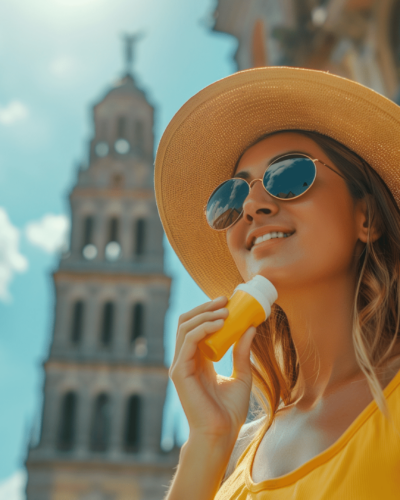 Woman in yellow dress reapplying sunscreen in Mexico City