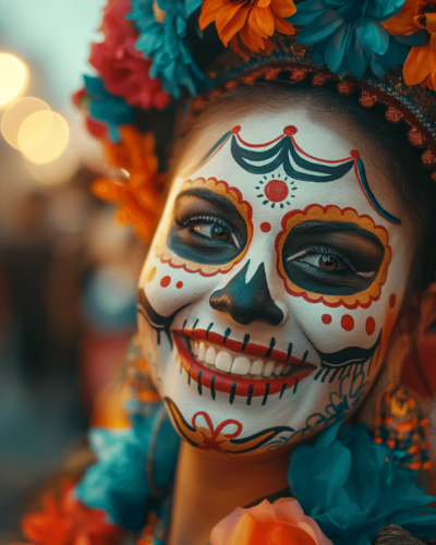 Woman in vibrant Dia de los Muertos makeup smiling, a perfect representation of the vibrant culture in Mexico City
