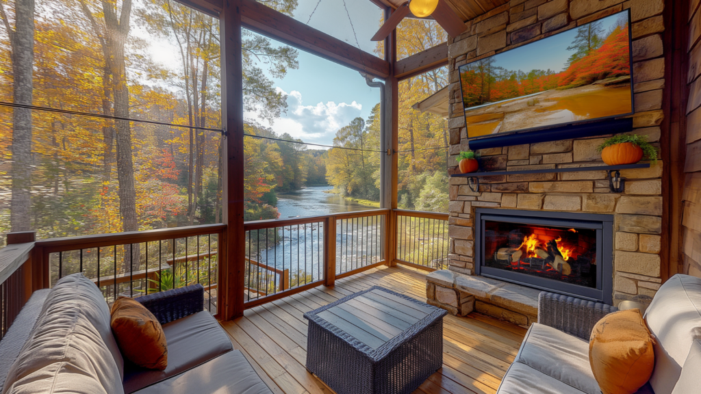 Cabin living room overlooking Toccoa River.