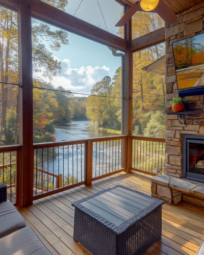 Cabin living room overlooking Toccoa River.
