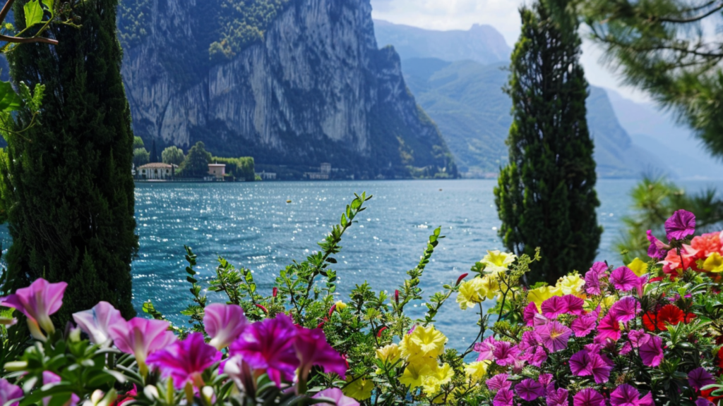 The Lake Garda in Italy with flowers in the foreground