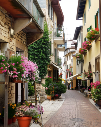 A quiet alleyway of a quaint neighborhood in Manerba Del Garda, Italy