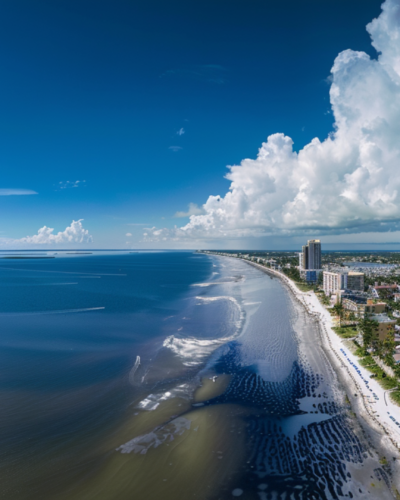 A panoramic shot showing the coastal houses in Fort Myers Beach under blue, cloudy skies