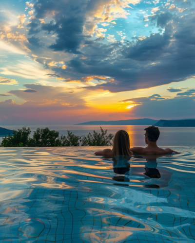 A couple on an infinity pool with a view of the ocean in Lopar, Croatia