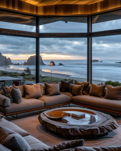 The luxurious interior of a beachfront vacation rental in Gold Beach, USA