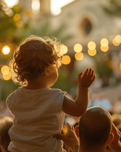 Toddler waving at a crowd during Pollensa festivals with glowing lights in the background