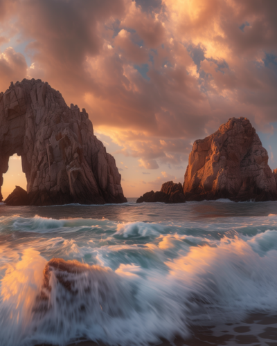 El Arco de Cabo San Lucas at golden hour, warm sunlight illuminating the rock formation with gentle waves below.