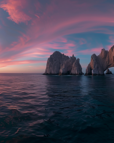 Sunset view of the Arch of Cabo San Lucas with vibrant colors in the sky and the sea, showcasing the natural beauty of Los Cabos.