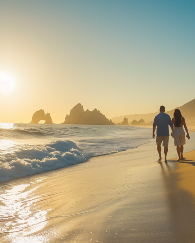 A couple walking hand in hand along Medano Beach with the Arch of Cabo San Lucas in the distance.