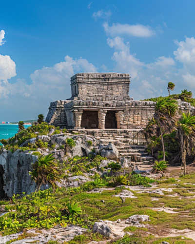 Scenic view of Tulum Ruins against the Caribbean azure and lush greenery.