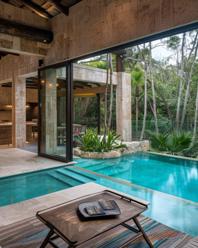 Elegant living area in a vacation rental in Tulum with infinity pool and jungle views.