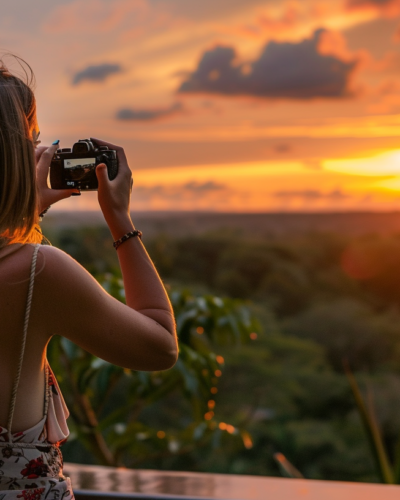 A lady tourist capturing the fiery sunset from Mateo's lounge over the jungle canopy.
