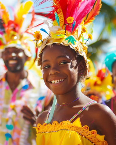 Family enjoys the vibrant Junkanoo festival in the Bahamas.