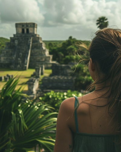 A traveler explores Tulum Ruins, ancient structures surrounded by lush greenery.